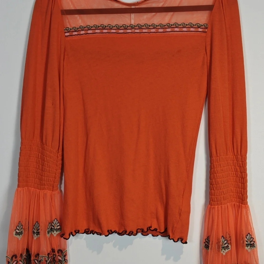 FREE PEOPLE  High Tides Embroidered Flare Sleeve Top Orange Boho XS